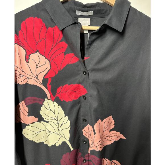 Chico’s No Iron Stretch Luxe Foliage Tunic Top Long Sleeve Button Up Sz 4 = 20 - Picture 2 of 10